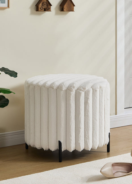 Beige Upholstered Round Pouf Ottoman Foot Rest with Black Metal Legs, Faux Fur, 22.05' Wide-0