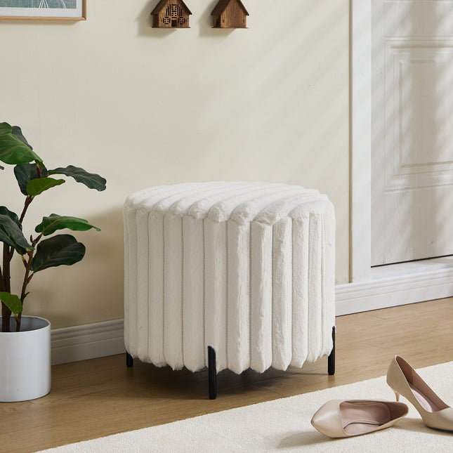 Beige Upholstered Round Pouf Ottoman Foot Rest with Black Metal Legs, Faux Fur, 22.05' Wide-0