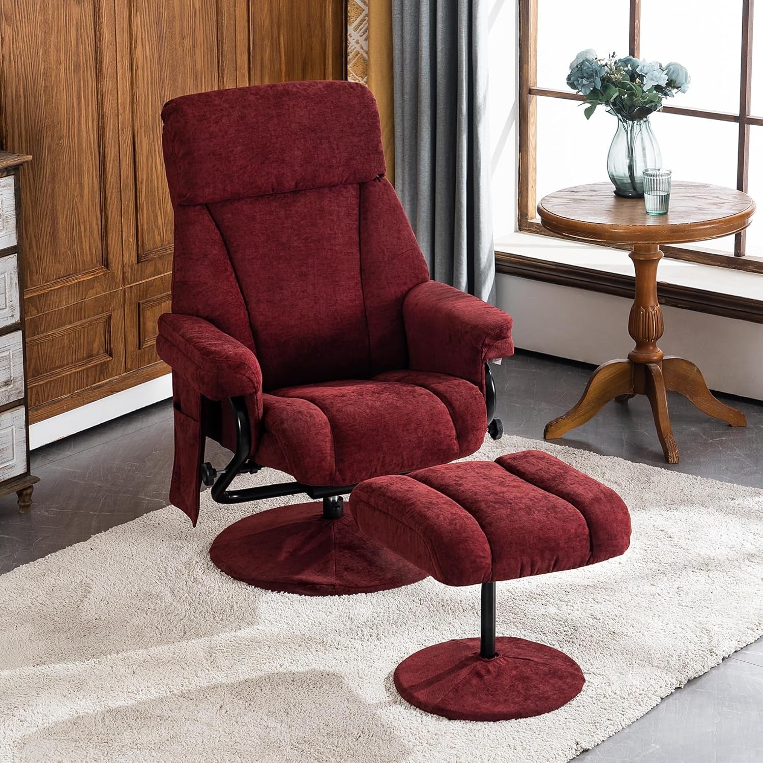 Red recliner chair with ottoman in a room with wooden furniture and a window.