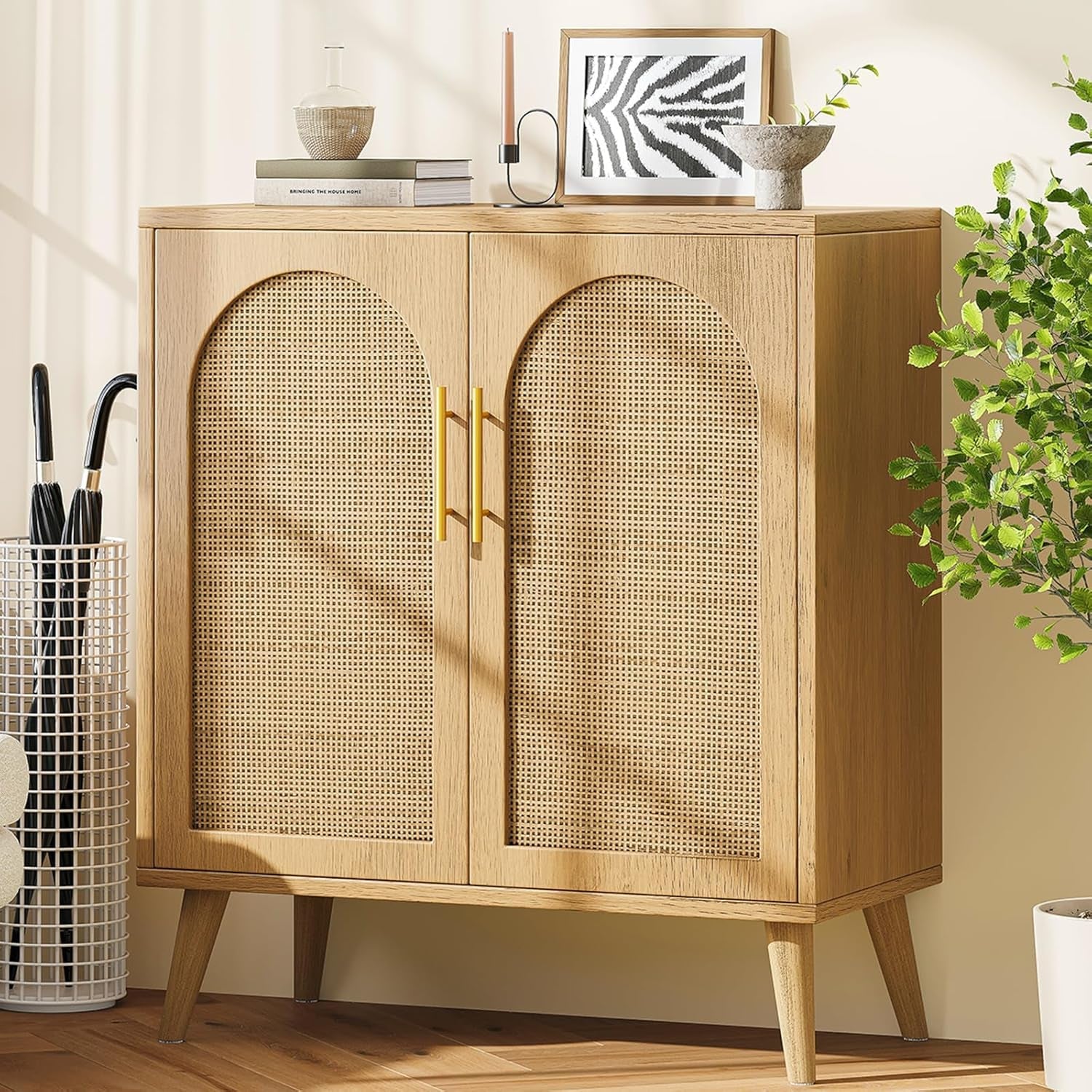 Natural Rattan Storage Sideboard Cabinet With Adjustable Shelves-4