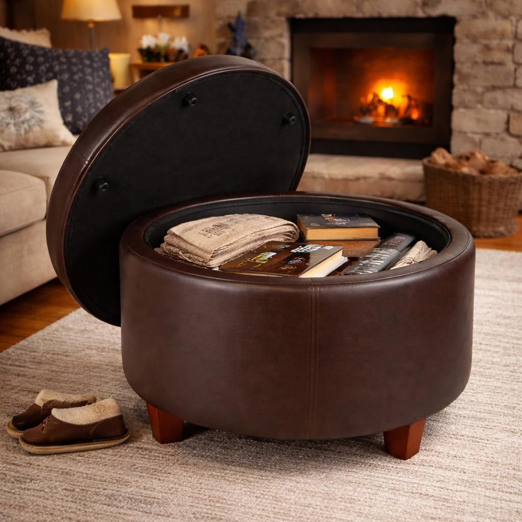 Brown leather ottoman with items on a rug in front of a fireplace.