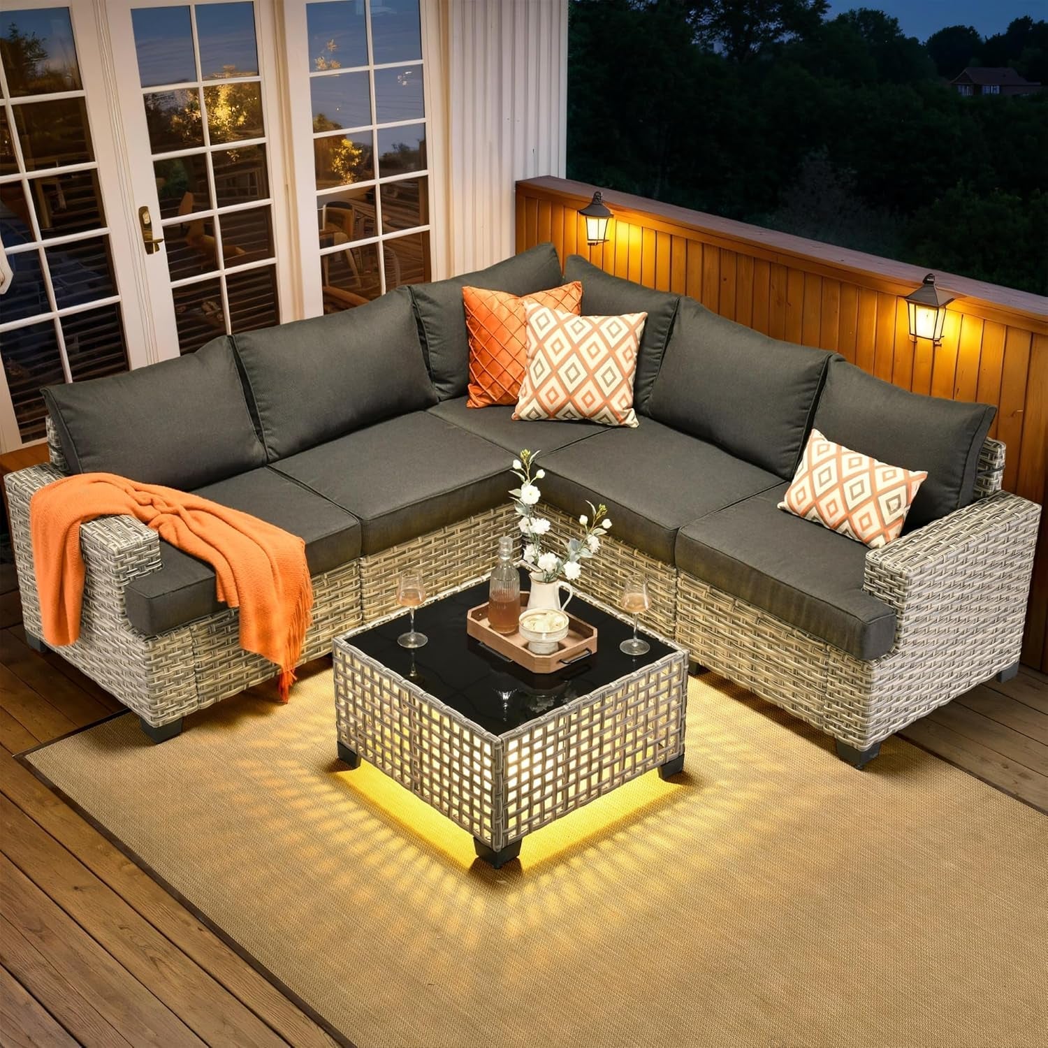 Six Piece Rattan Wicker Outdoor Sectional Sofa Set-0