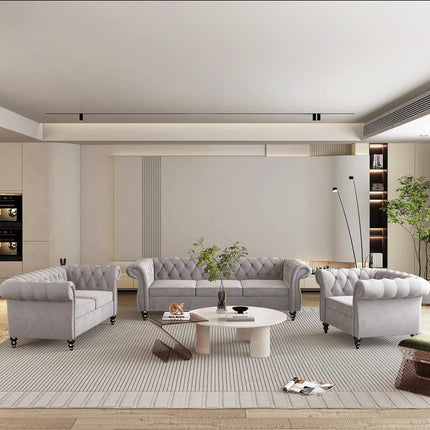 3-Piece Living Room Sectional Sofa Set, Upholstered Sofa Modern Sofa Couches Set Style Button Tufted, Velvet Chesterfield Sofa for Living Room Apartment, 1+2+3 Seat Grey-2
