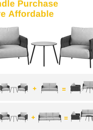 3 Pieces Patio Furniture Set, Armchairs with Coffee Table, Outdoor Furniture Set with Cushion, Modern Outdoor Furniture Deep Seating for Outdoor Garden Porch, Earth Black & Misty Grey-2