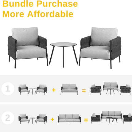 3 Pieces Patio Furniture Set, Armchairs with Coffee Table, Outdoor Furniture Set with Cushion, Modern Outdoor Furniture Deep Seating for Outdoor Garden Porch, Earth Black & Misty Grey-2