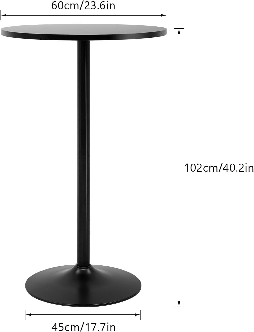 Black round table with dimensions labeled on a white background