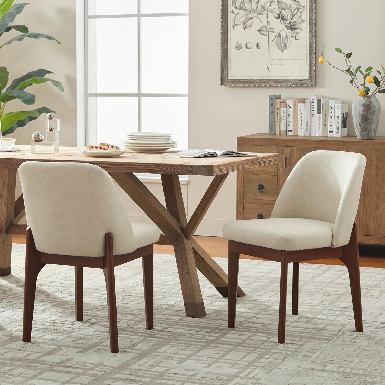  Beige Upholstered Dining Chairs With Solid Wood Legs