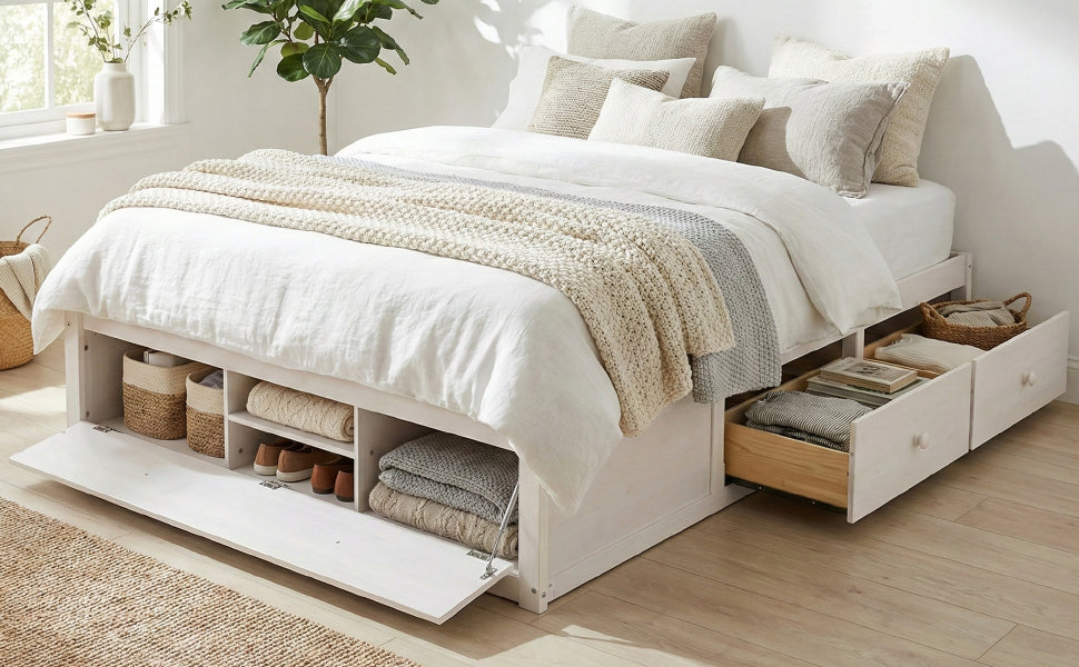 Platform Bed Frame with 4 Storage Drawers and Hydraulic Lift Footboard