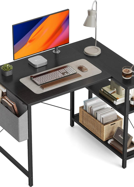 L Shaped Desk, 40 Inch Computer Desk with Reversible Storage Shelves Home Office Corner Desk Study Writing Table, Black-0