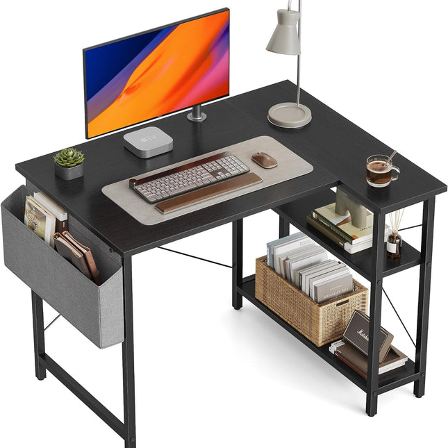 L Shaped Desk, 40 Inch Computer Desk with Reversible Storage Shelves Home Office Corner Desk Study Writing Table, Black-0