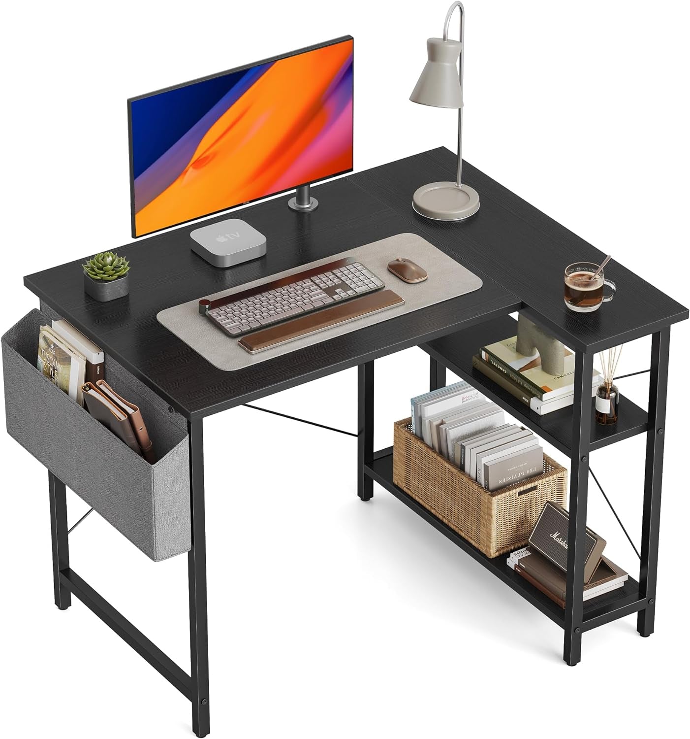 L Shaped Desk, 40 Inch Computer Desk with Reversible Storage Shelves Home Office Corner Desk Study Writing Table, Black-0
