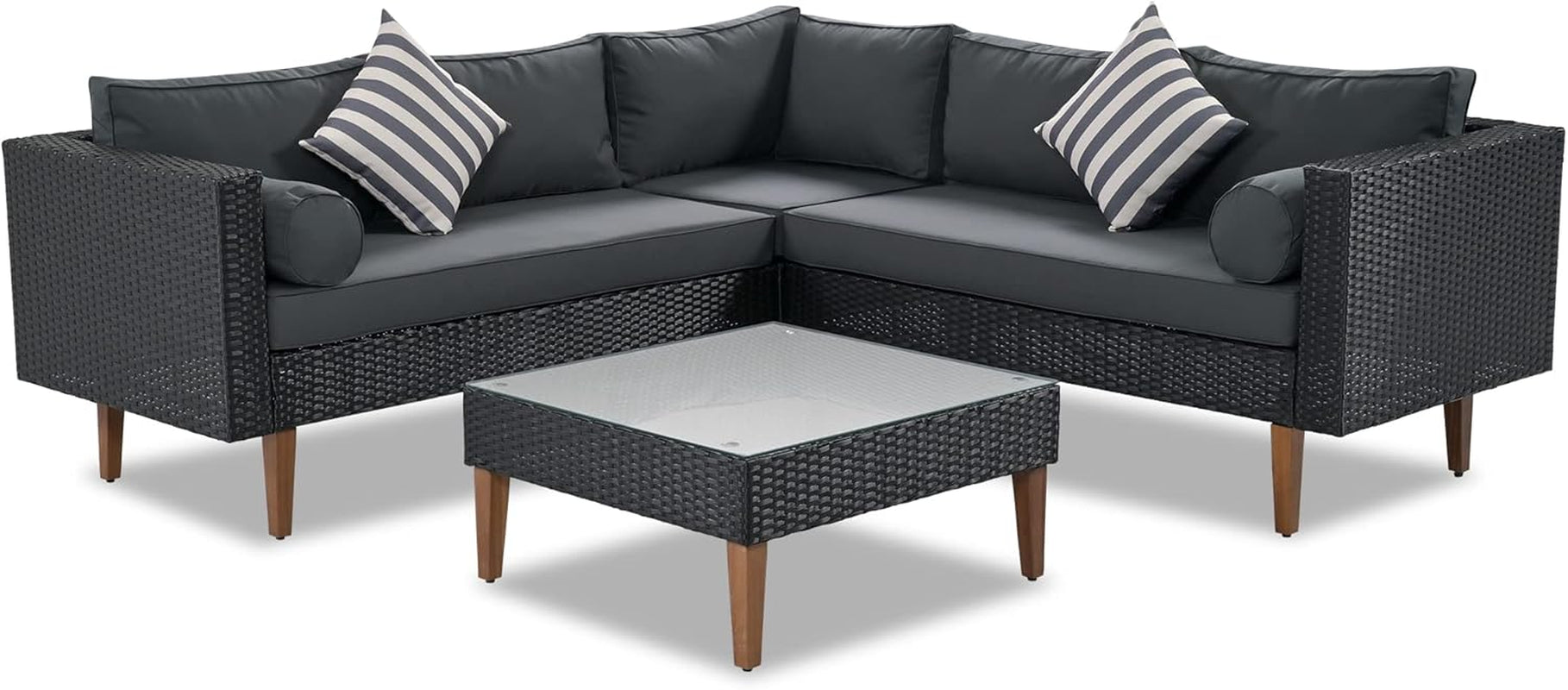 L-Shaped Outdoor Wicker Sofa Set with Colorful Pillows-1