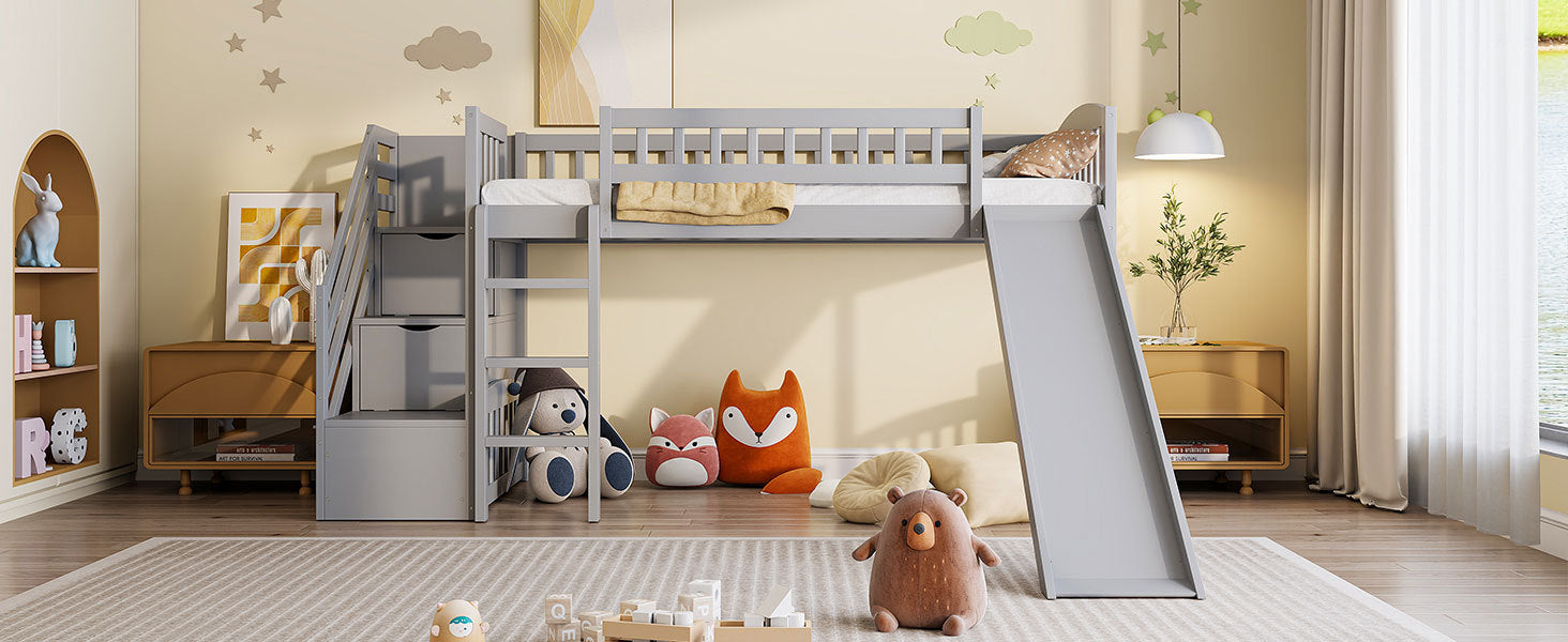 Stairway Twin Size Loft Bed with Two Drawers and Slide