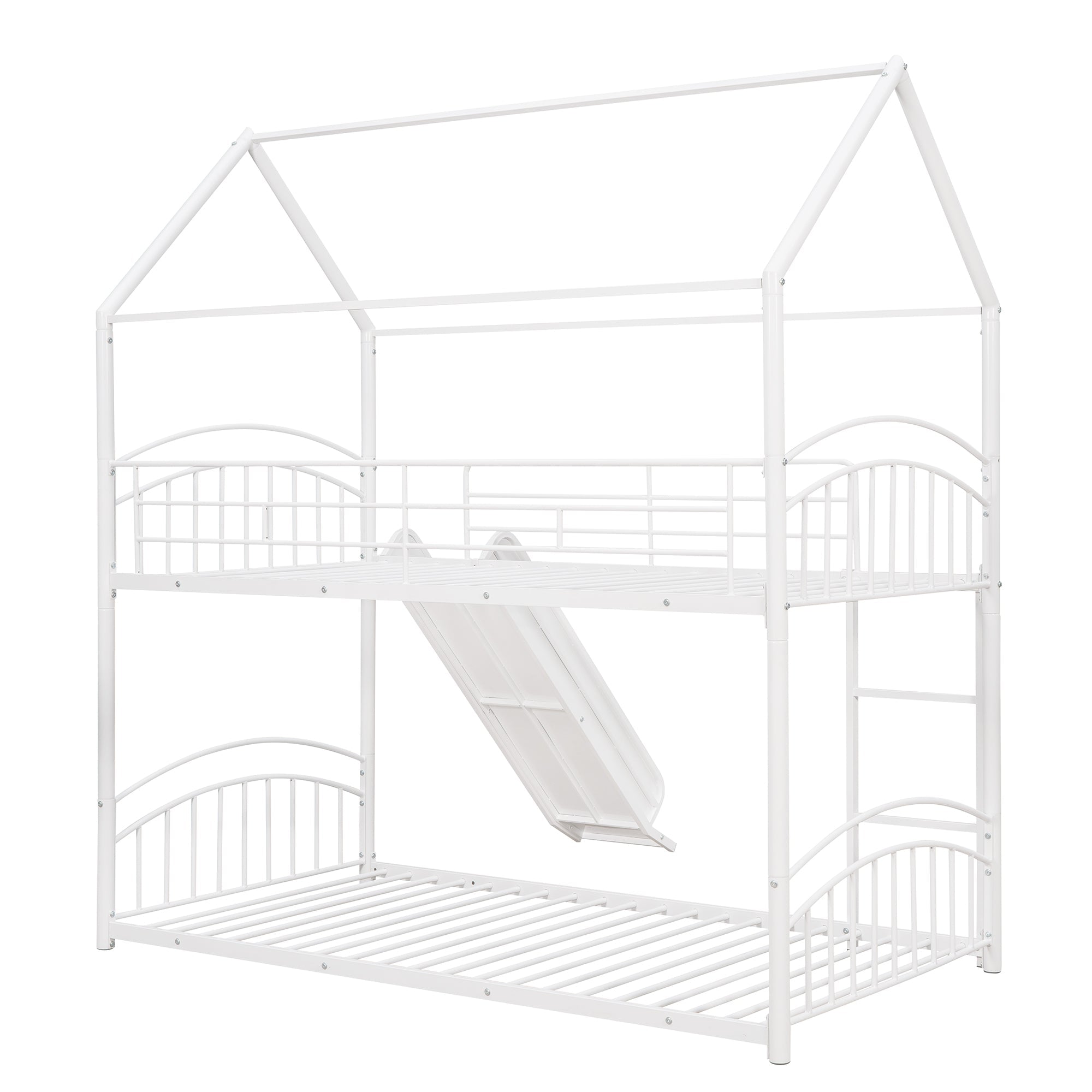 Twin Over Twin Metal Bunk Bed With Slide, Kids House Bed