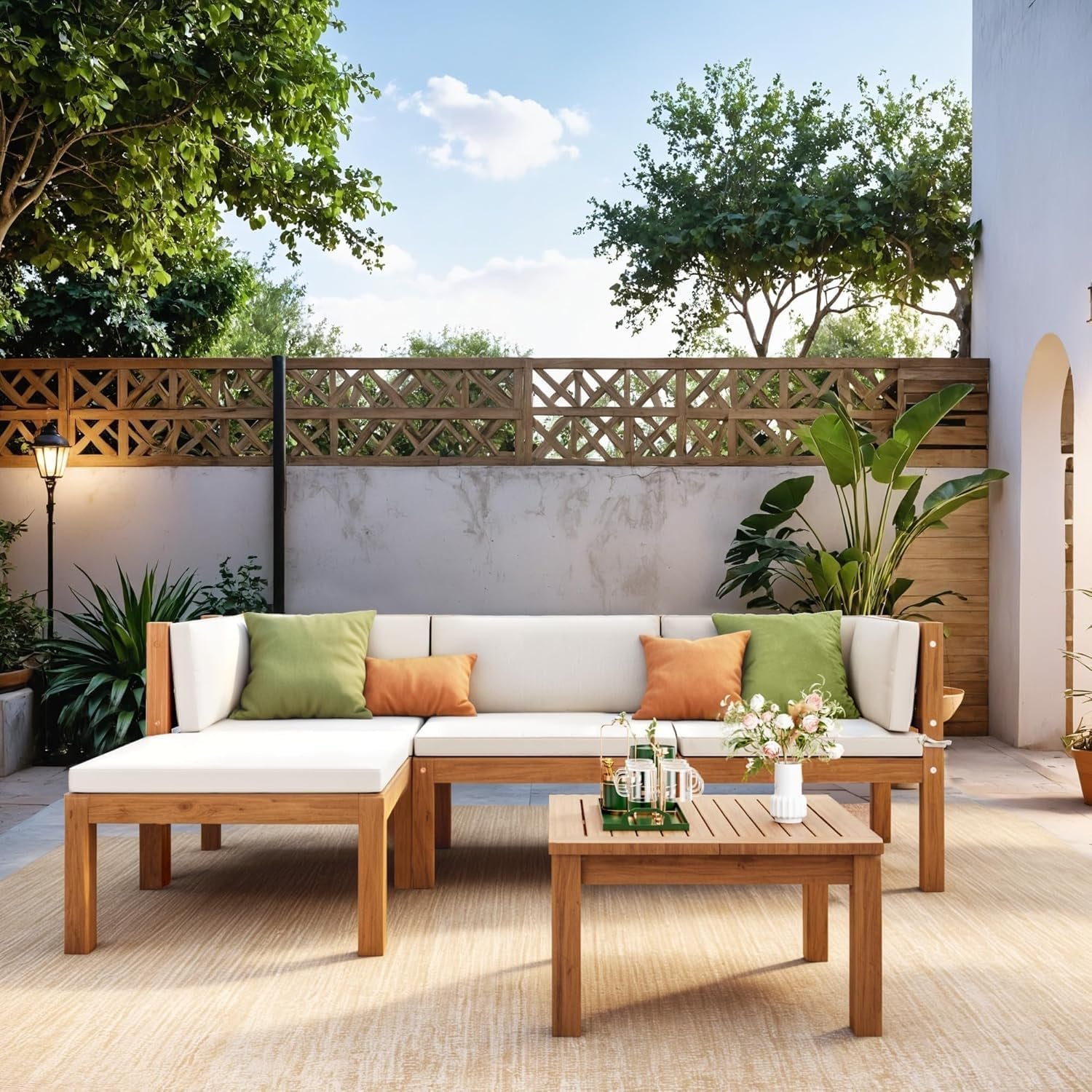 Acacia Wood Outdoor Sectional Sofa Set with Cushions-1