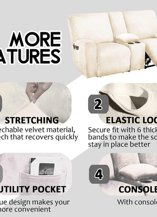 Reclining Love Seat with Middle Console Slipcover, 8-Piece Velvet Stretch Loveseat Reclining Sofa Covers, 2 Seat Love Seat Recliner Cover, Thick, Soft, Washable, Love Seat Slipcovers (Ivory)
