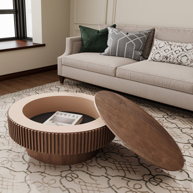 31.5'' Round Coffee Table with Storage Solid Wood Veneered Modern Coffee Table Accent Tea Table for Living Room, Bedroom, Apartment or Office, Walnut-0