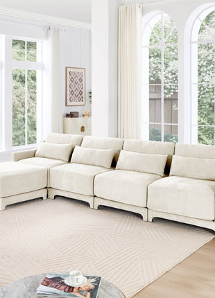 Elegant Four-Seater Sofa with Movable Ottoman in White Chenille Fabric and Ergonomic Design-3