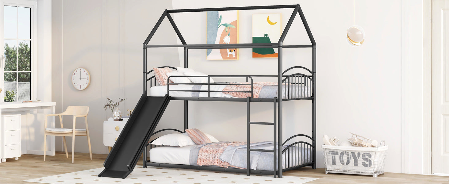 Twin Over Twin Metal Bunk Bed With Slide, Kids House Bed