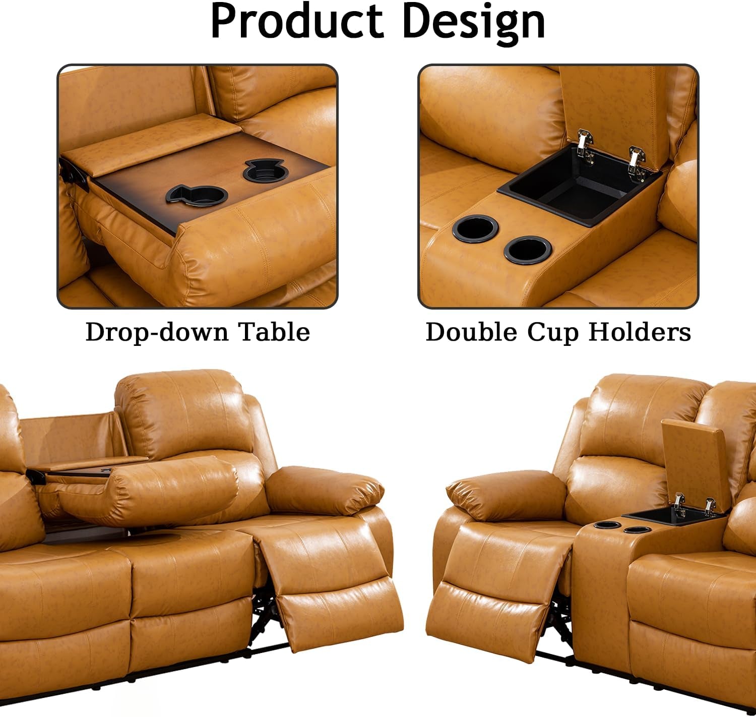 Brown leather recliner with drop-down table and double cup holders, labeled 'Product Design'.