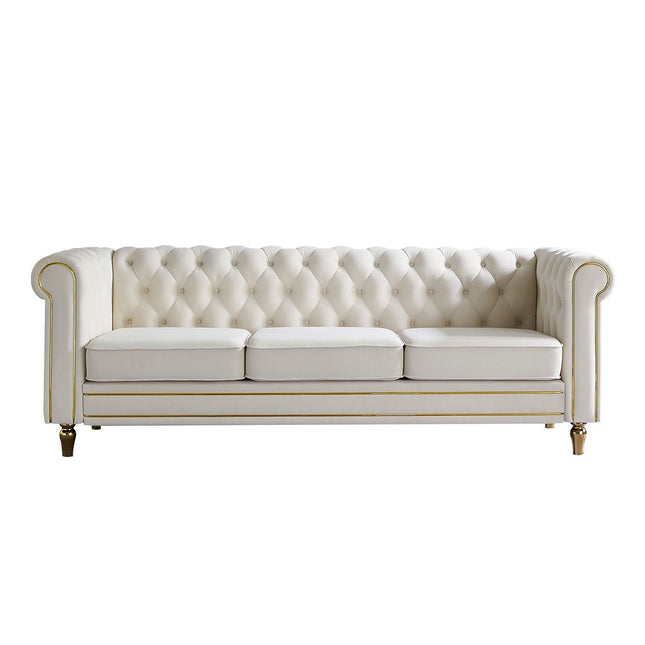 Chesterfield Velvet Sofa 84.65 inch for Living Room Beige Color-0
