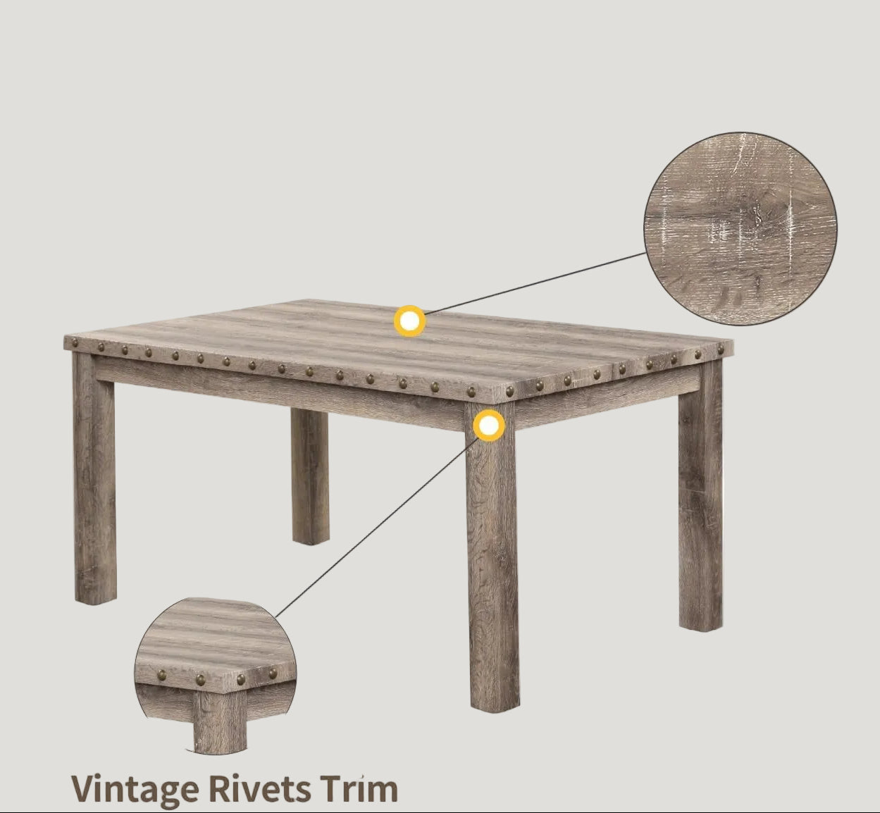 Wooden table with vintage design features, including distressed finish and vintage rivets, on a white background.