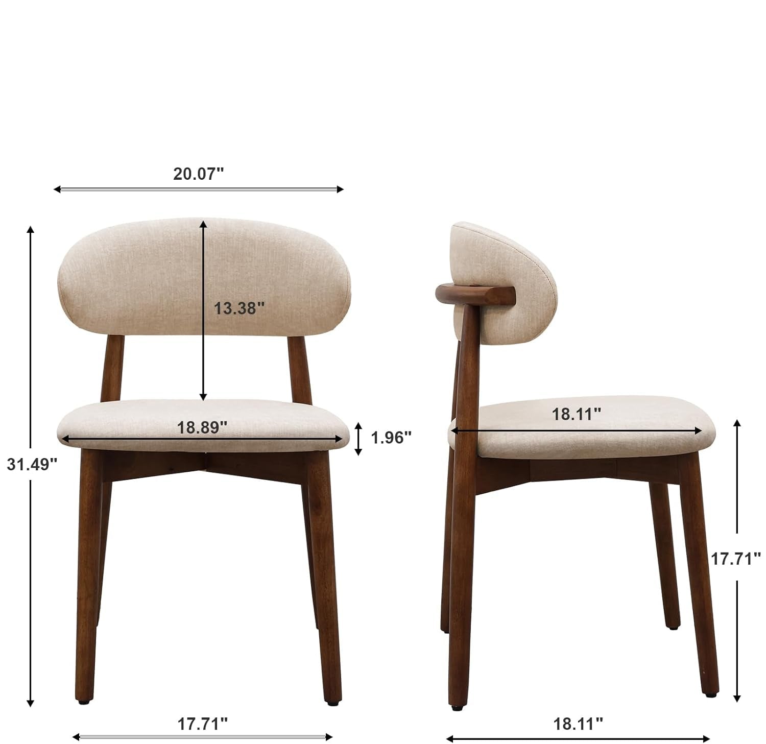 Dimensions and weight load capacity of a wooden chair with beige cushioned seat and backrest.