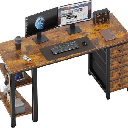 55 Inch Computer Desk with 4 Fabric Drawers & Storage Shelves, Writing Work Study Desk for Home Office Bedroom, Modern Simple Student PC Desks Table, Rustic Brown-0