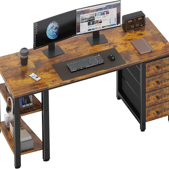 55 Inch Computer Desk with 4 Fabric Drawers & Storage Shelves, Writing Work Study Desk for Home Office Bedroom, Modern Simple Student PC Desks Table, Rustic Brown-0