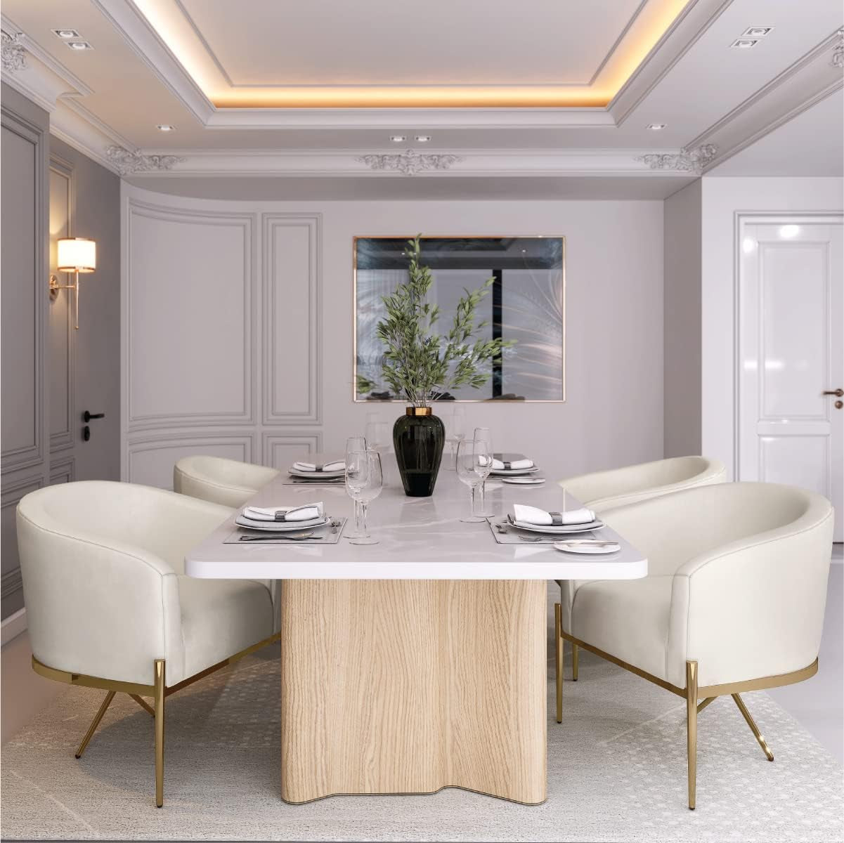 Modern dining room with a white table and chairs in a stylishly decorated room.