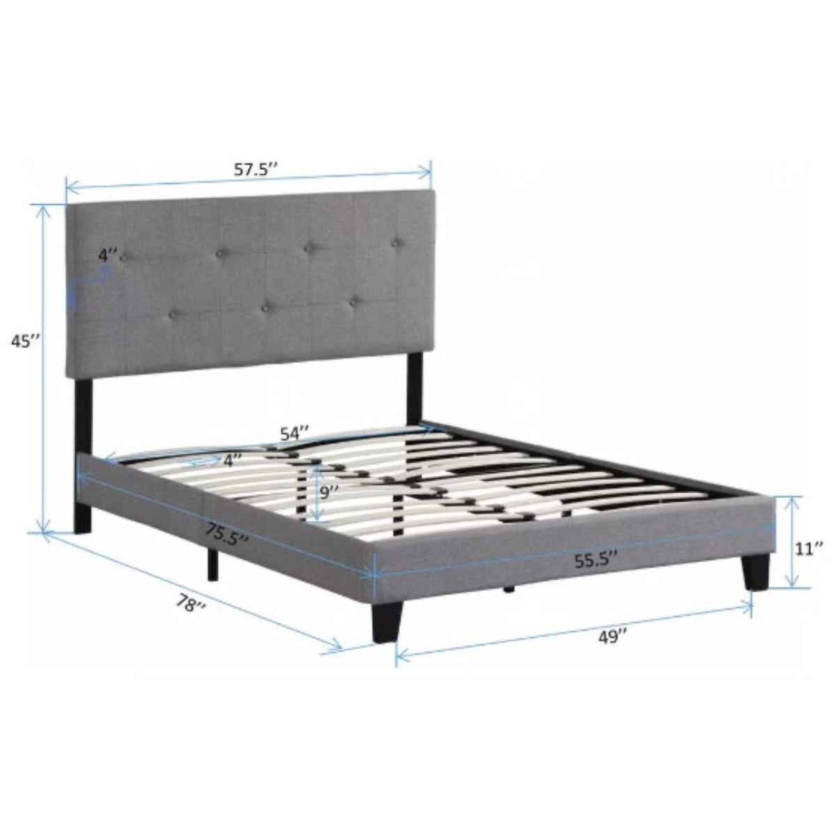 Gray upholstered bed with dimensions labeled on a white background