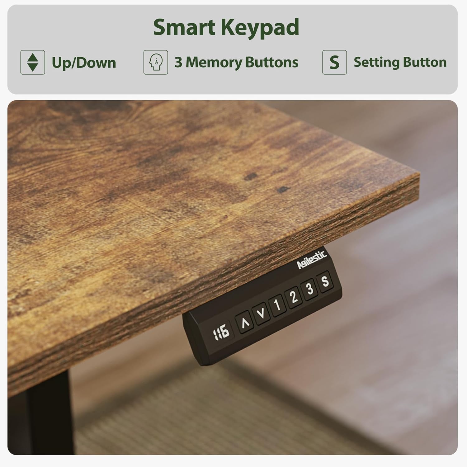 Smart keypad attached to a wooden surface with labeled buttons.