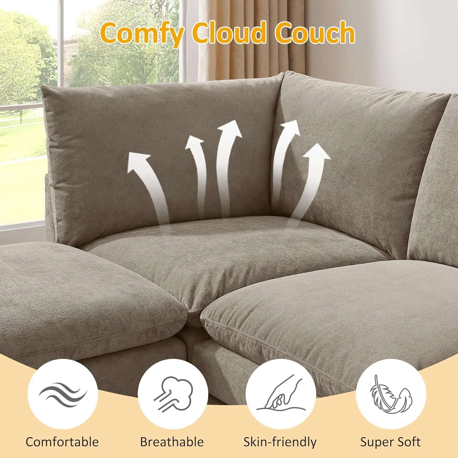 Gray sectional sofa with comfort features highlighted on a beige background