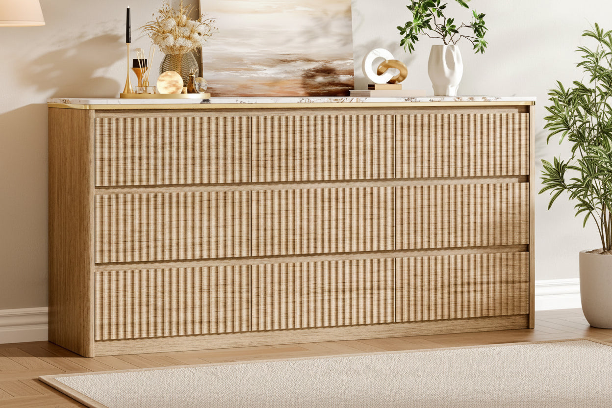 Wooden dresser with rattan design, gold decorative trim, and smooth drawer slides.