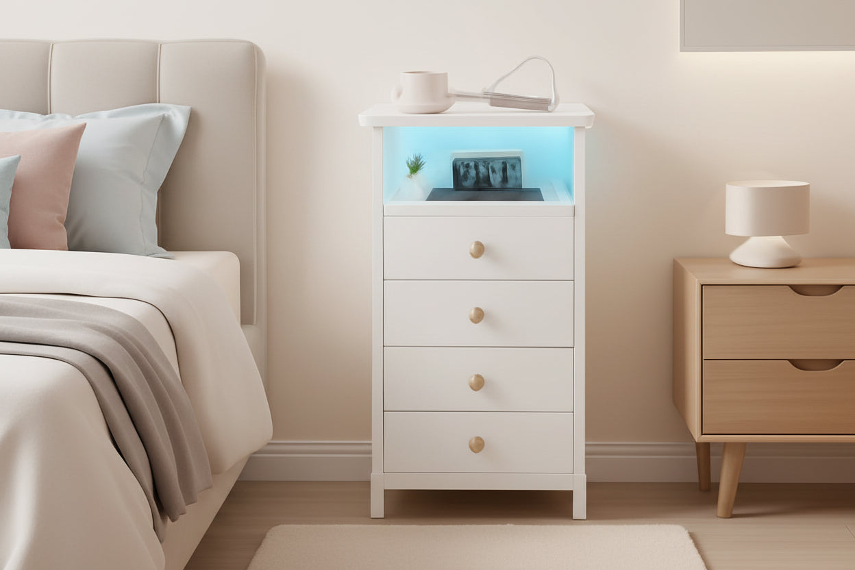 White nightstand with drawers in a bedroom setting