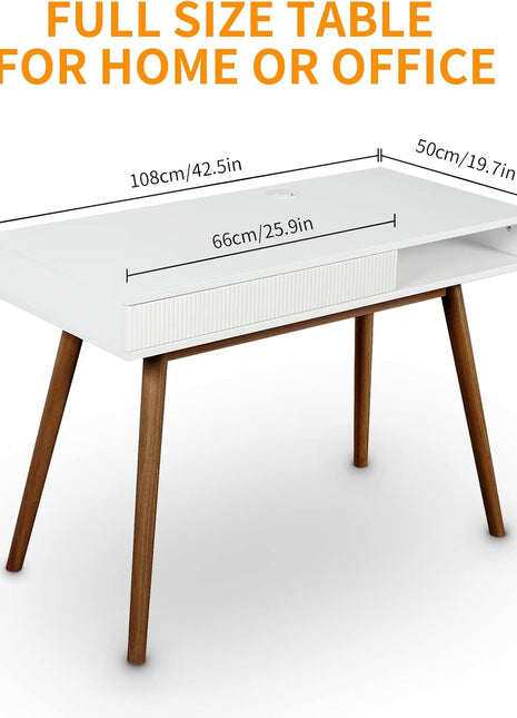 White Writing Desk with Drawers Mid Century Modern Desk, Wood Office Desk Computer Desk Vanity Desk for Small Space, White Desk with Walnut Legs-1