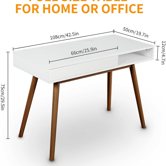 White Writing Desk with Drawers Mid Century Modern Desk, Wood Office Desk Computer Desk Vanity Desk for Small Space, White Desk with Walnut Legs-1