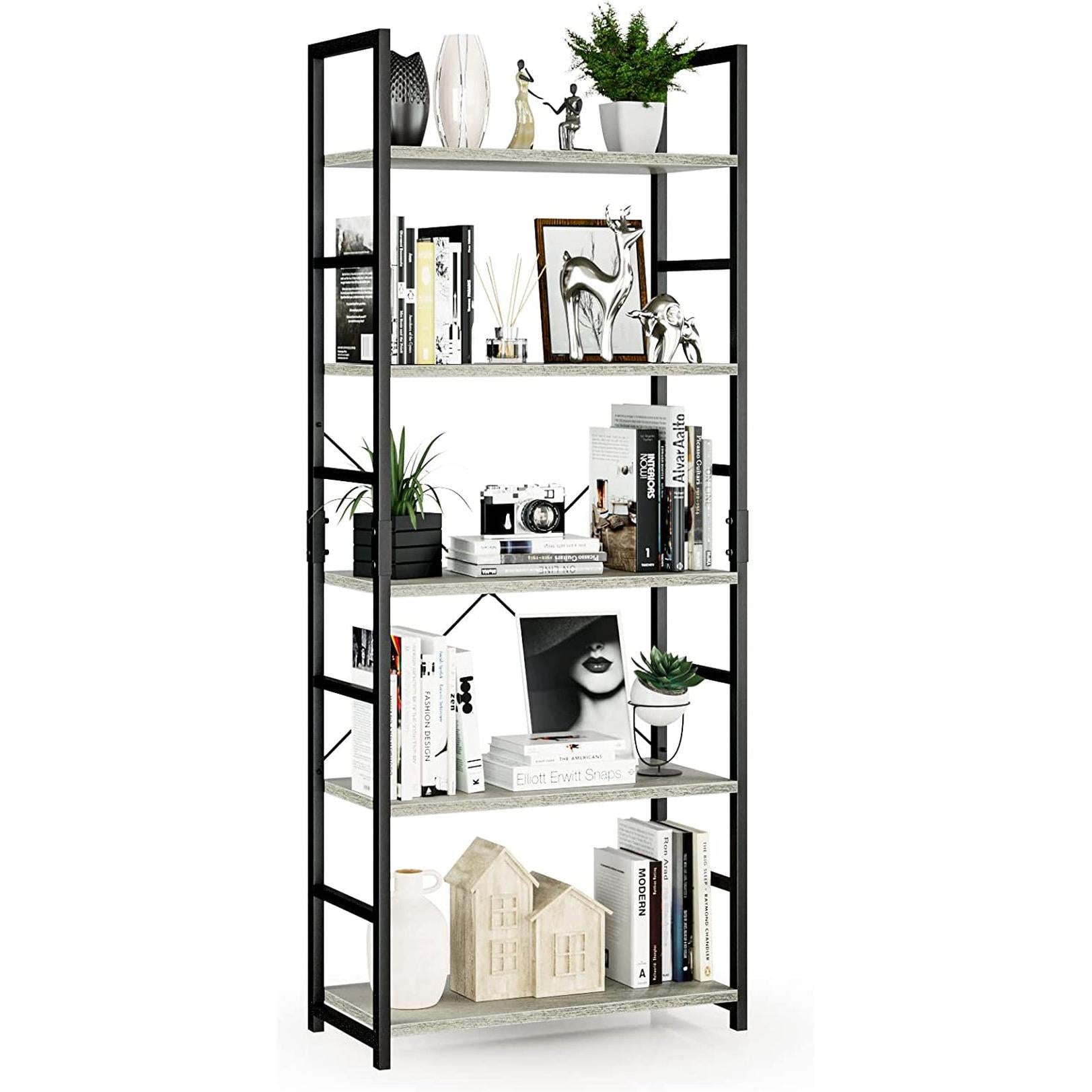 Bookshelf with decorative items on a white background