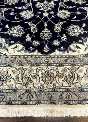 Persian Nain Rug 8x11, Navy Blue and Ivory, Handmade Wool Vintage Carpet, Floral Medallion-4