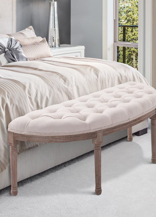 Half-Circle End Bench Ottoman Footstool Tufting Padded Seat Brushed Wood Base Antique Accents Home Seat Furniture Cream White-1