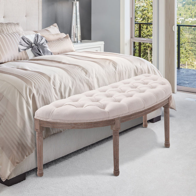 Half-Circle End Bench Ottoman Footstool Tufting Padded Seat Brushed Wood Base Antique Accents Home Seat Furniture Cream White-1