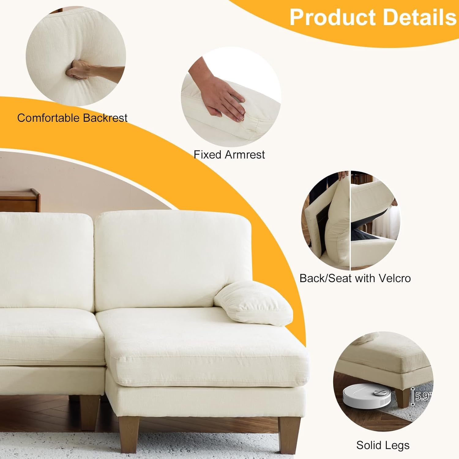 White sectional sofa with product details on a white background