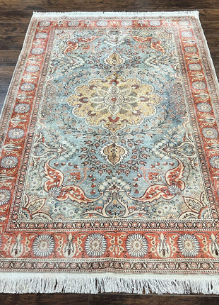 Silk Turkish Rug 5x7, Light Blue Silk Carpet, Floral Medallion, Turkish Kayseri Rug, Vintage Handmade Oriental Rug-0