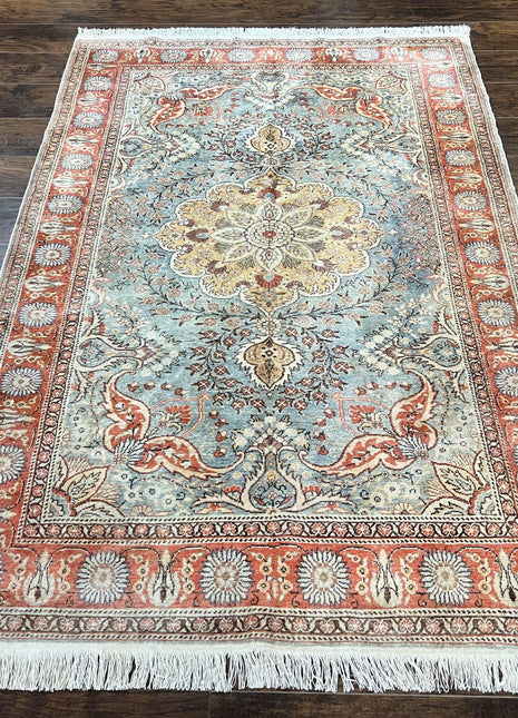 Silk Turkish Rug 5x7, Light Blue Silk Carpet, Floral Medallion, Turkish Kayseri Rug, Vintage Handmade Oriental Rug-0