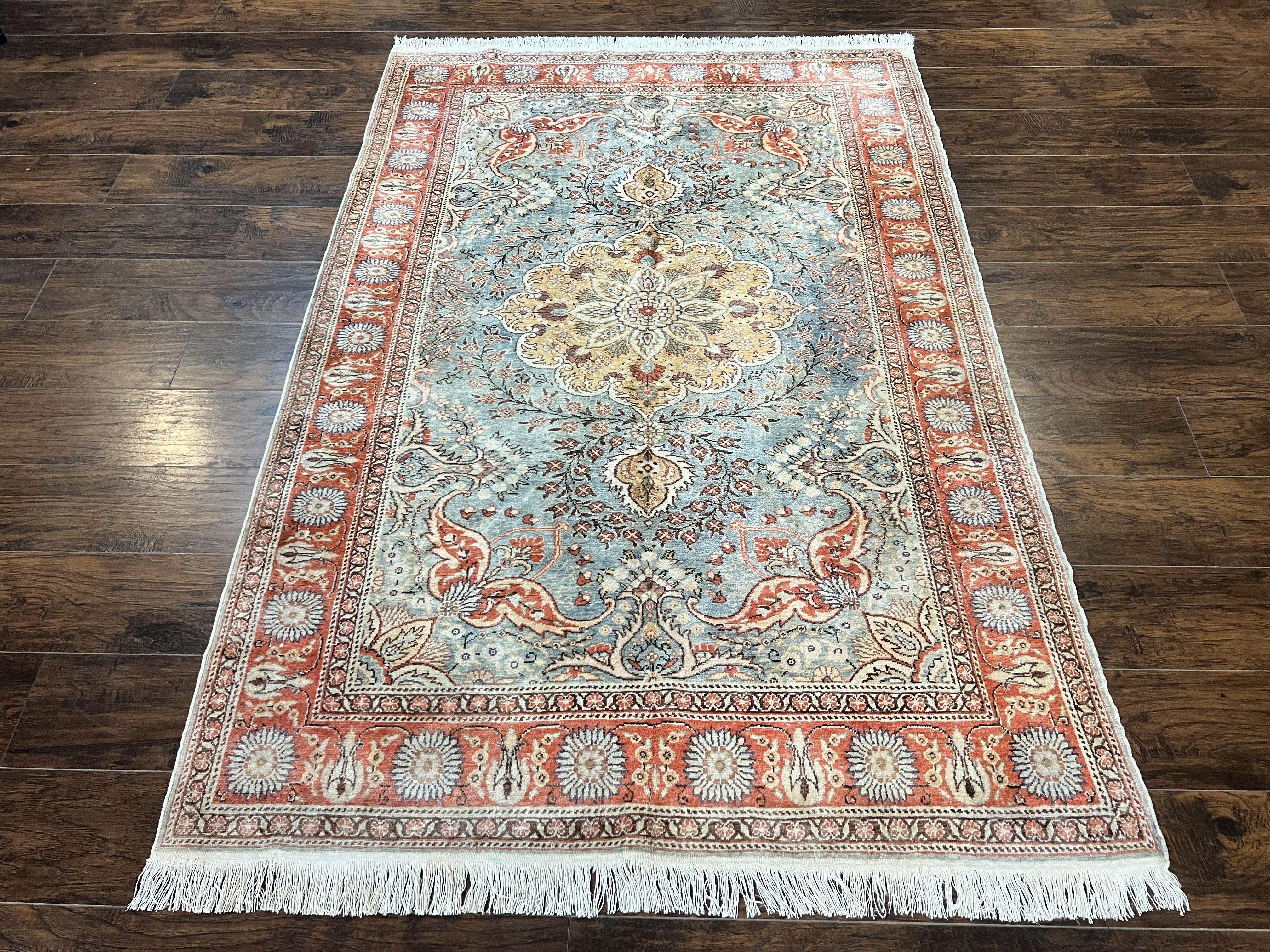 Silk Turkish Rug 5x7, Light Blue Silk Carpet, Floral Medallion, Turkish Kayseri Rug, Vintage Handmade Oriental Rug-0