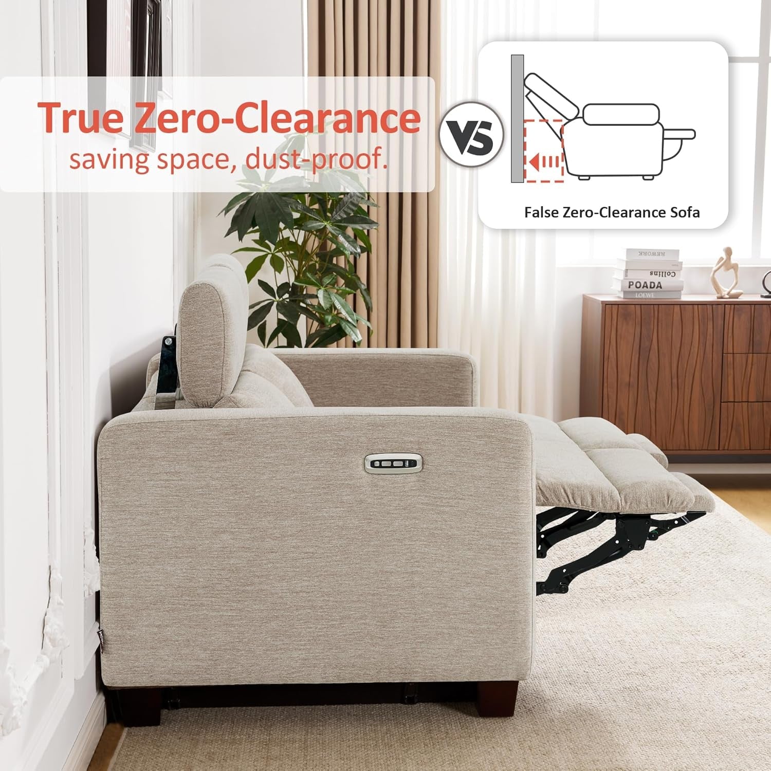 Beige Fabric Wall Hugger Power Loveseat Recliner USB-4