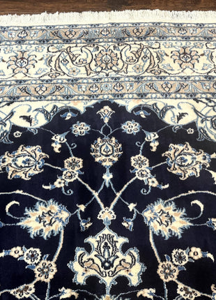 Persian Nain Rug 8x11, Navy Blue and Ivory, Handmade Wool Vintage Carpet, Floral Medallion-2