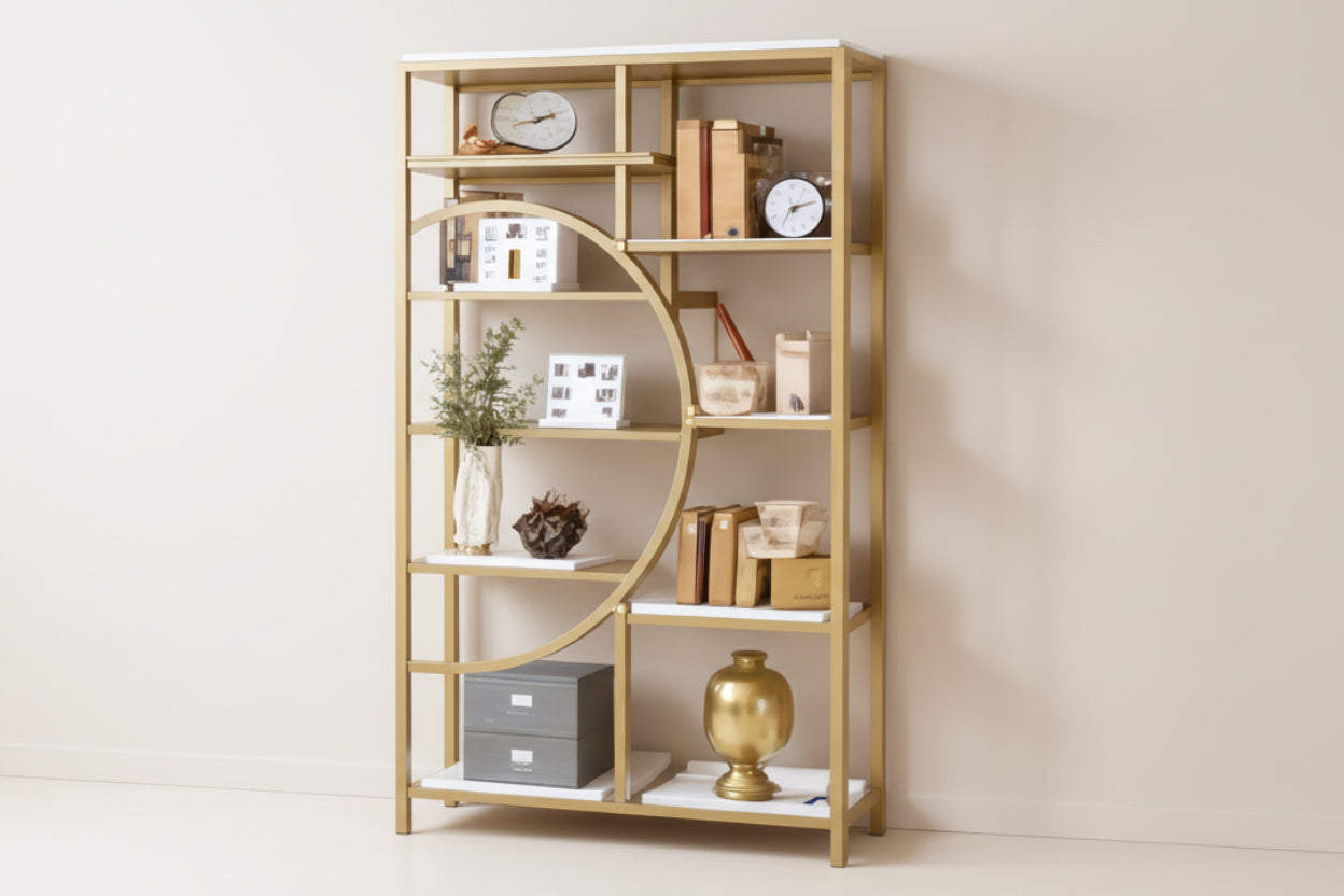 Wooden bookshelf with decorative items against a beige wall