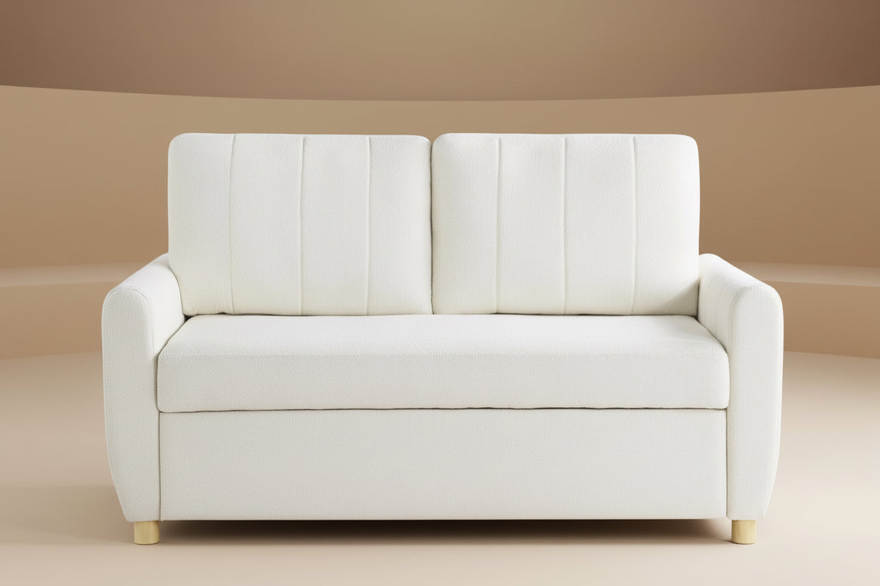 White sofa bed with wooden legs on a white background
