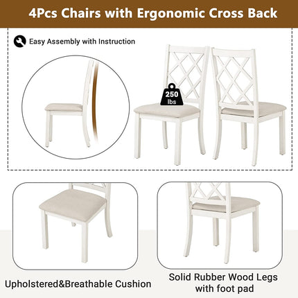 Set of four white chairs with ergonomic cross back design, featuring cushions and solid rubber wood legs.